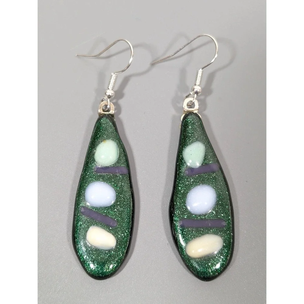 Handmade Fused Glass Green‎ Blue Teardrop Dangle Earrings Artisan